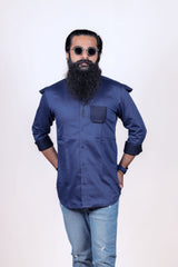 Blue Pocket Pattern Shirt For Men