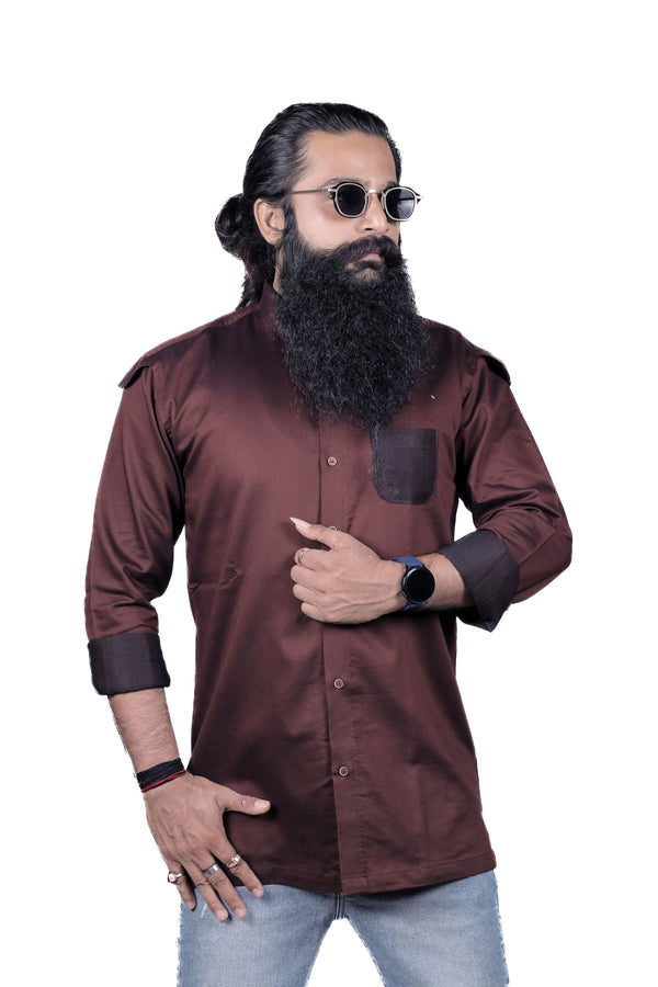 Dark Brown Pocket Pattern Shirt For Men