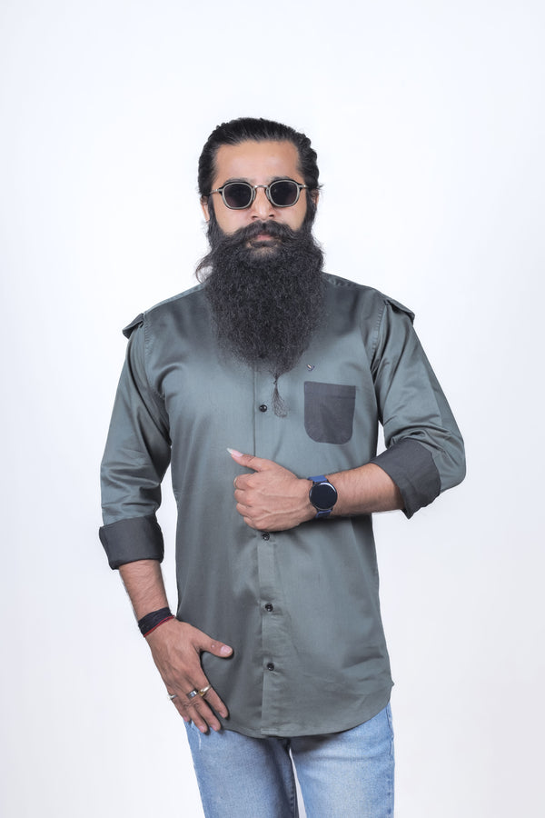 Green Pocket Pattern Shirt For Men