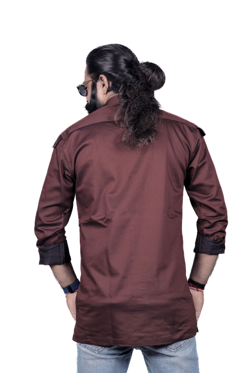 Dark Brown Pocket Pattern Shirt For Men