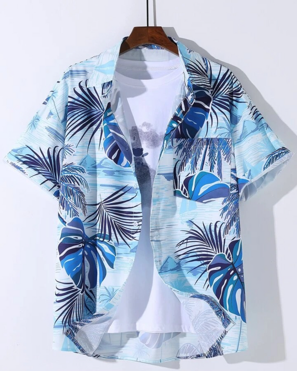 LEAF PRINTED SEA BLUE SHIRT FOR MEN