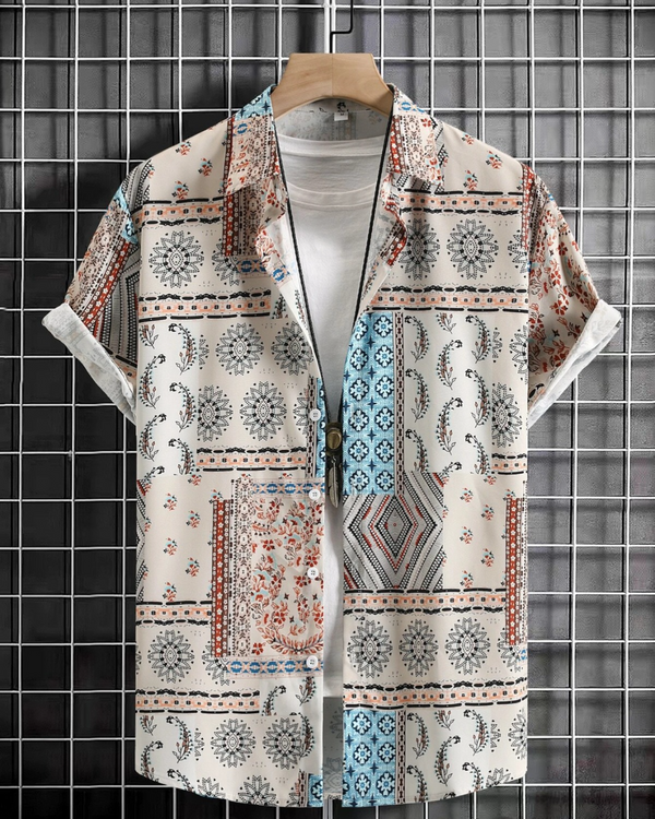 GEOMETRIC PATTERN MULTICOLOR HALF SLEEVE SHIRT FOR MEN